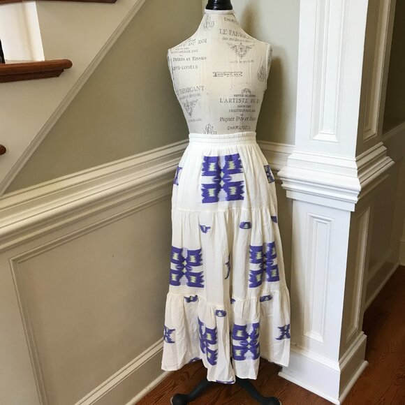 Devotion Twins Iliokali Maxi Skirt Womens OS S M L Cream Blue Cotton Tiered Boho - Picture 3 of 13